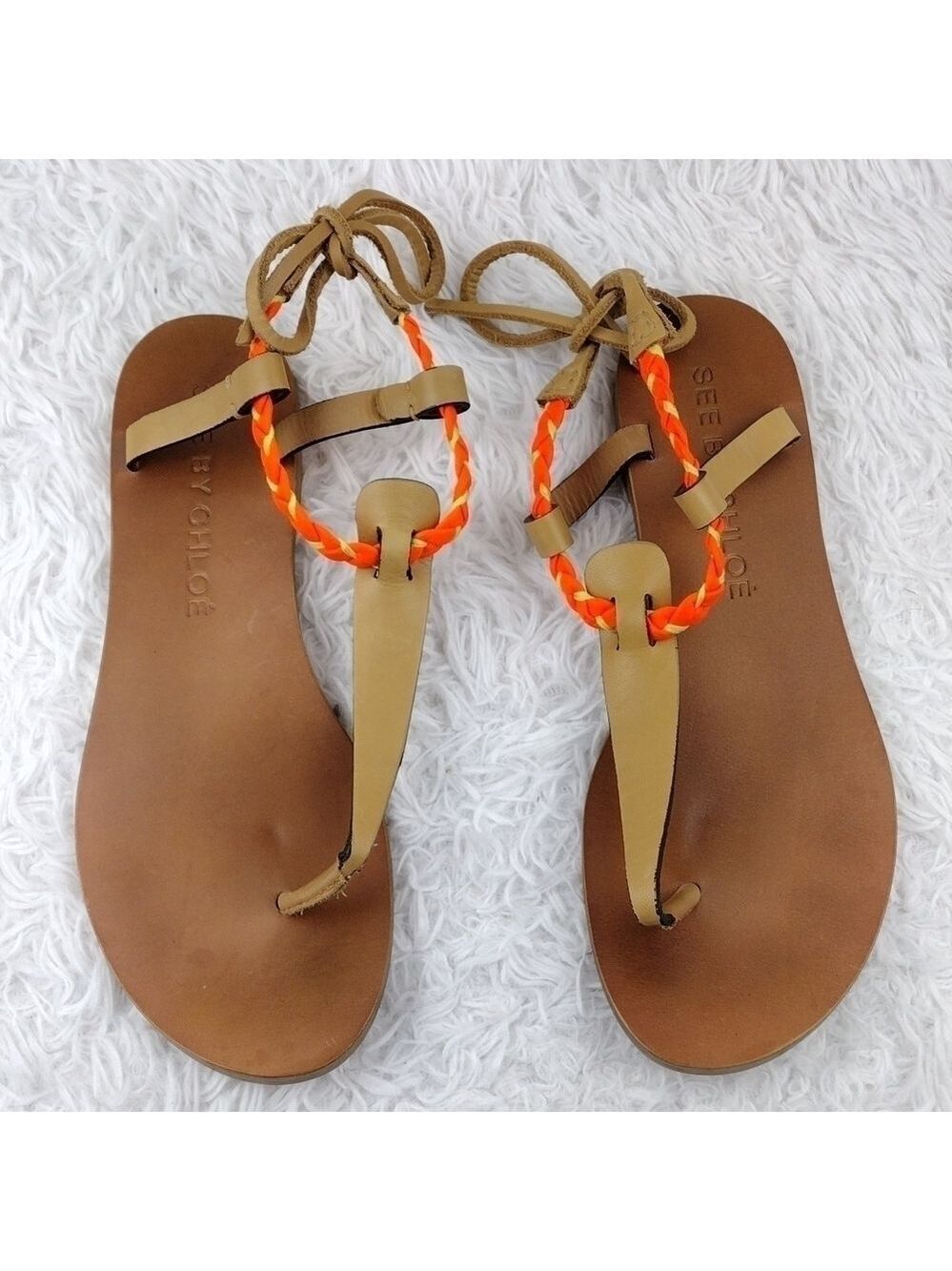 See By Chloe Tan Leather Almond Toe Thong Braided T-Strap Ankle Lace Sandal Shoe